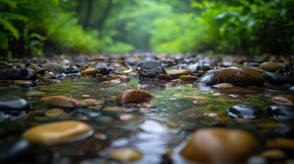 Fototapeta premium Pebble-filled stream in a lush forest