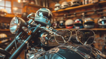 Fototapeta premium A retro-style aviator glasses sitting on a vintage-inspired motorcycle, with a few classic motorcycle helmets and a nostalgic ambiance - Background: Vintage motorcycle shop