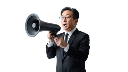 Middle-aged Asian man, 55, business attire, glasses - Formally using the megaphone