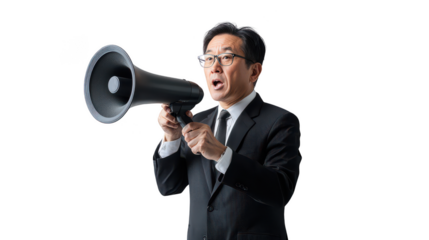 Middle-aged Asian man, 55, business attire, glasses - Formally using the megaphone
