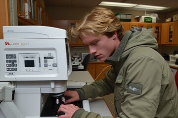 Young Male Student Analyzing Samples Using Laboratory Equipment in a Science Classroom