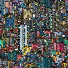 Colorful city skyline with tall buildings.