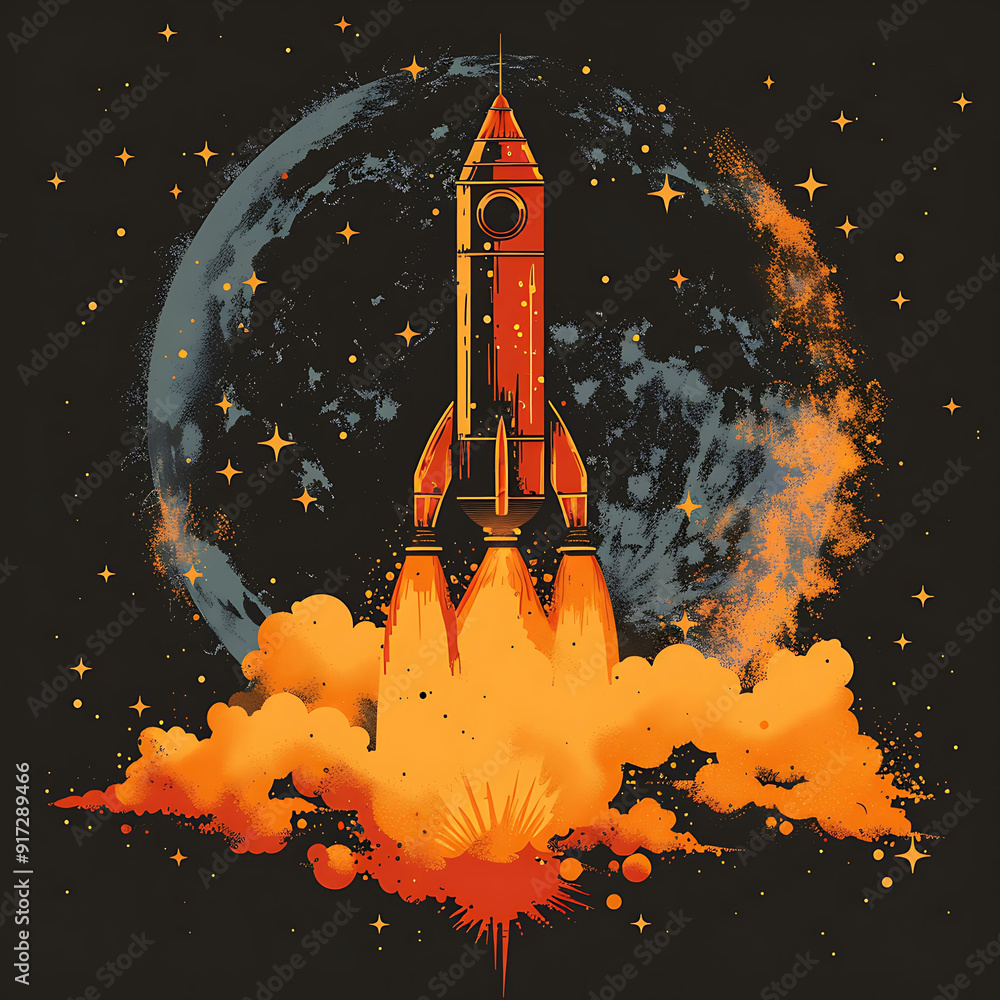 Poster logo for a space exploration company that features a rocket and a star with a dark starry background