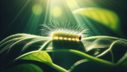 A fuzzy yellow caterpillar on a green leaf with sunbeams.