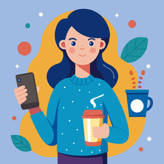 Teenager holding a phone and a cup of coffee. Girl speaking by a phone and drinking a coffee