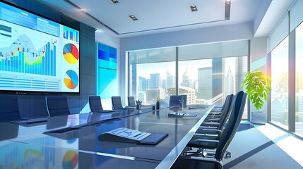 A contemporary meeting room with a large digital screen, sleek furniture, and business planning materials.