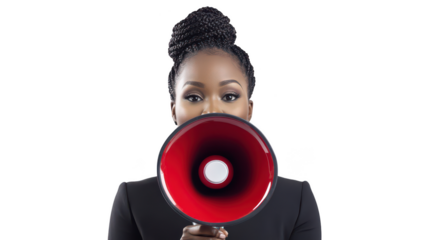 African American woman, 35, formal attire, braids - Clearly speaking into the megaphone