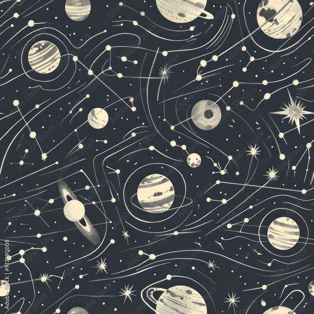 Poster seamless celestial pattern with planets and stars.