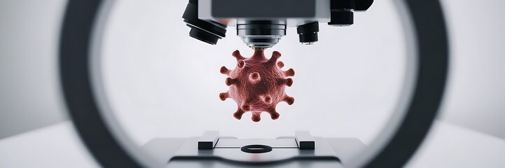 Microscope view blended with magnified virus particles. with detailed visualization of its genetic material and mutation points.