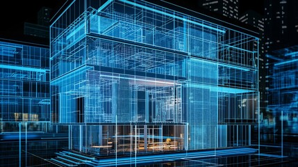 Fototapeta premium A digital blueprint of an office building with holographic elements, showcasing the innovative technology behind its construction and life cycle management in architectural design