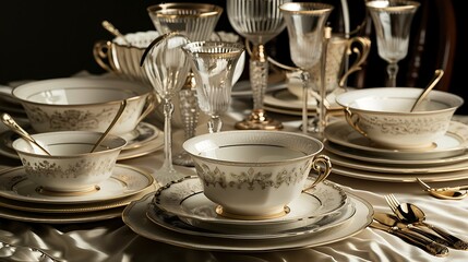 A set of elegant bone china dishes arranged on a luxurious tablecloth, with a few sparkling glasses and a hint of sophistication - Regency style