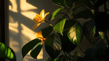 Yellow Flowers and Green Leaves Illuminated by Sunlight