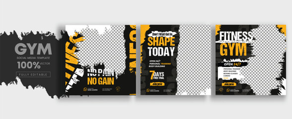 Fitness gym social media post template design with gym equipment. Flyer or poster for fitness club offer promotion.