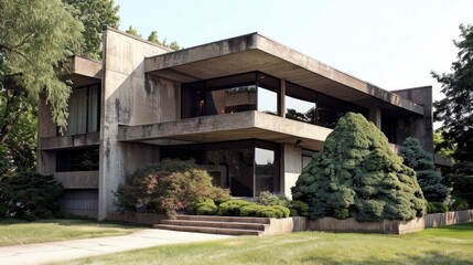 Architectural style in the 1970s features raw cement buildings.