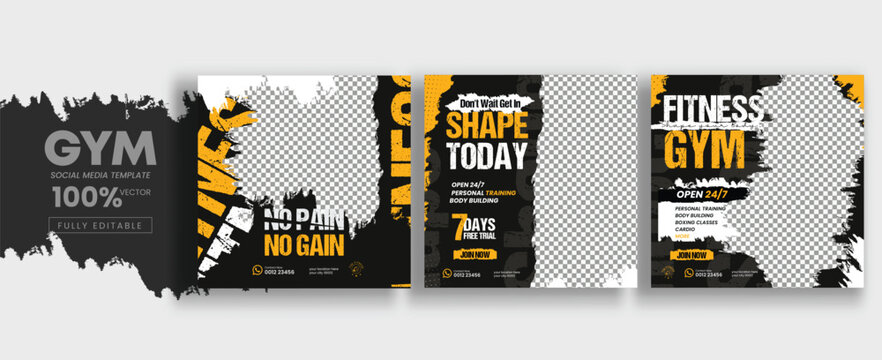 Fitness gym social media post template design with gym equipment. Flyer or poster for fitness club offer promotion.