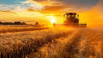 Fototapeta premium A vibrant sunset over a wheat field with a combine harvester working tirelessly to harvest golden crops.