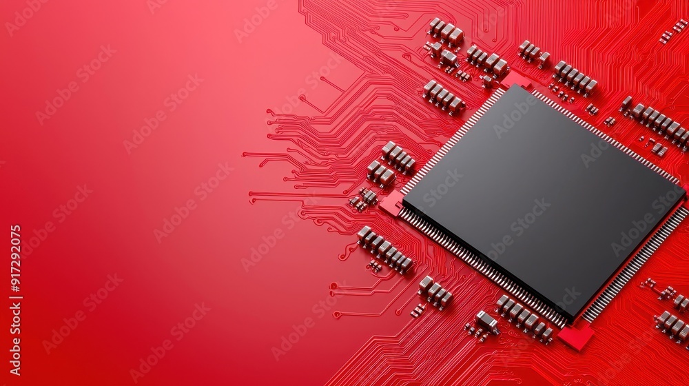 Poster close-up view of a computer chip on a vibrant red circuit board, showcasing technology and innovatio
