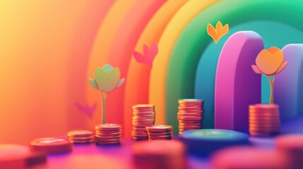 Futuristic Savings Solutions - 3D Render of Modern Savings Accounts with Rainbow Background and Motivational Isometric View
