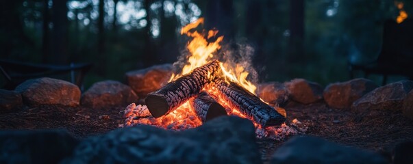 Naklejka premium Campfire burning in a forest surrounded by
