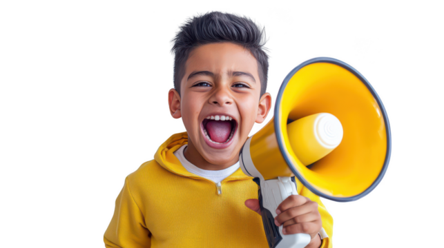 Young Hispanic boy, 12, sportswear, short black hair - Shouting joyfully into the megaphone