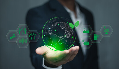Green business, Virtual globe reducing carbon concept, Business show globe reducing carbon global...