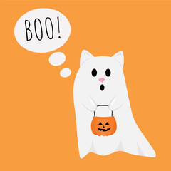 Vector illustration on orange background cute ghost cat with pumpkin Halloween. ghost says boo in flat style