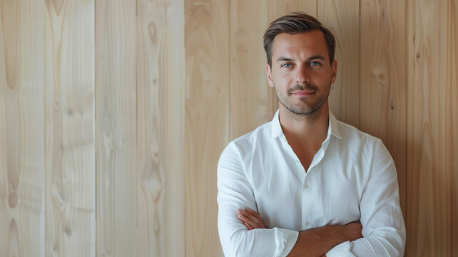Portrait of a content man in his 30s wearing a classic white shir