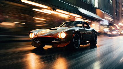 Naklejka premium Street racing scene with sport car in neon lights. Speed lines and light trails of night urban drive.