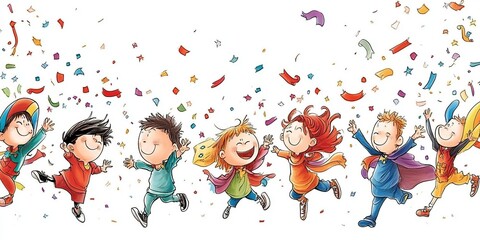 Fototapeta premium Illustrations of children in carnival costumes celebrating, children's style, free space on the left for text
