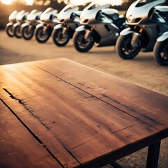 Empty wooden table with blurred sports bike background