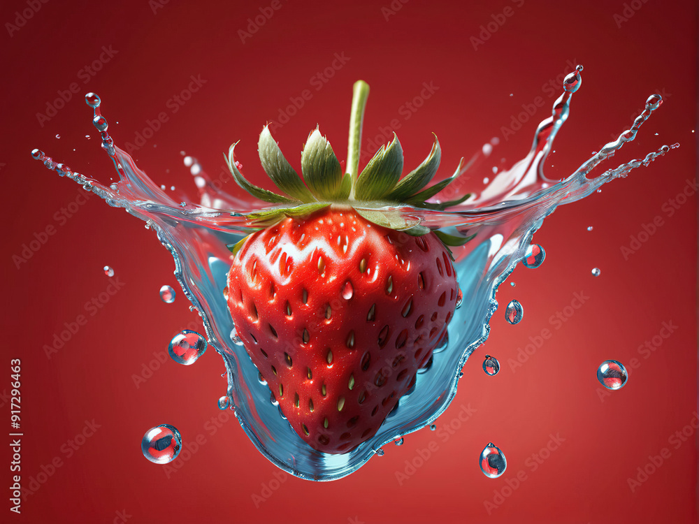 Poster a single strawberry falls into a pool of water creating a splash.