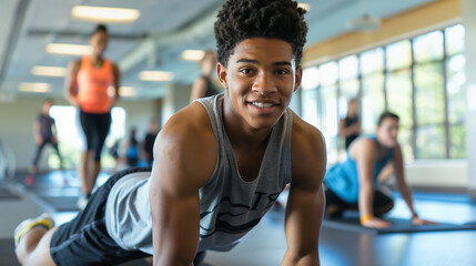 Student Health: Students participating in fitness or wellness activities with space for health and wellness tips