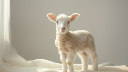 Fototapeta premium Adorable white lamb with pink ears over light background