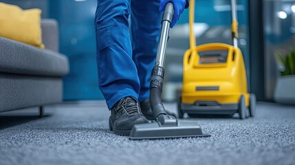 Fototapeta premium A person vacuuming carpet in a modern indoor setting.