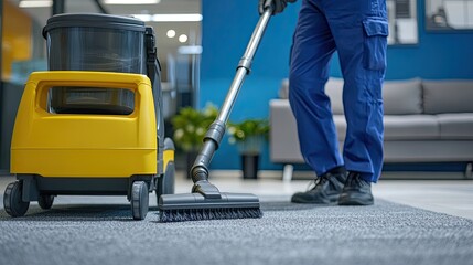 Fototapeta premium A person using a vacuum cleaner on a carpet in a modern office environment.