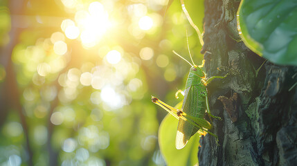 green grasshopper on the tree with morning atmosphere