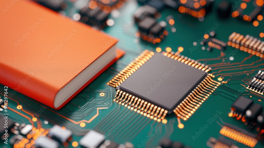 Poster close-up of a microchip on a printed circuit board with a vibrant orange component, showcasing techn