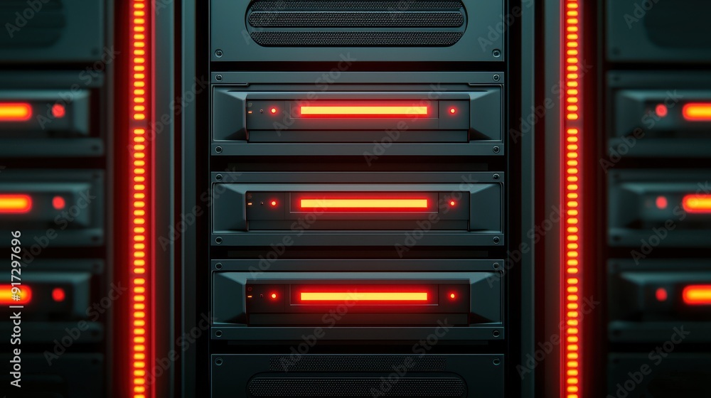 Aufkleber close-up of a modern server rack showcasing illuminated storage units with red lights, representing 