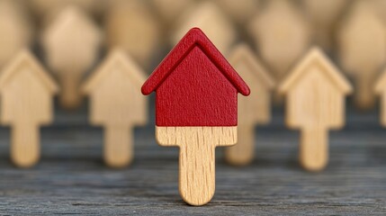 A vibrant red wooden house pointer stands out among neutral wooden houses, symbolizing real estate and home ownership.