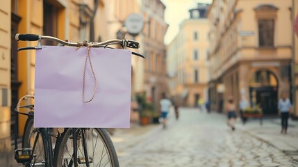 A soft lavender empty banner tied to a vintage bicycle in a charming old town, with a blurred background of historic buildings