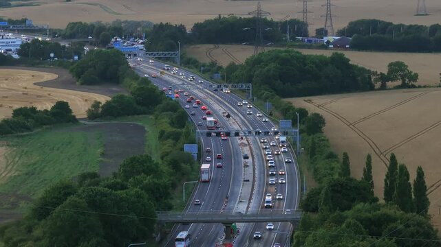 Dusk Aerial View of a Motorway and Traffic in the UK