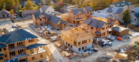 Fototapeta premium Active Construction Site with Multiple Homes Being Insulated Using Advanced Thermal Materials