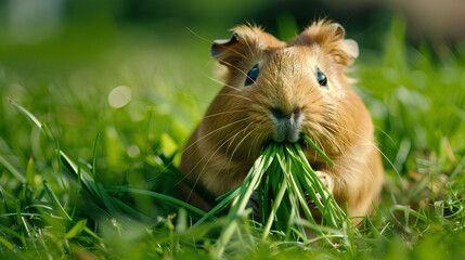 cute guinea pig eating grass