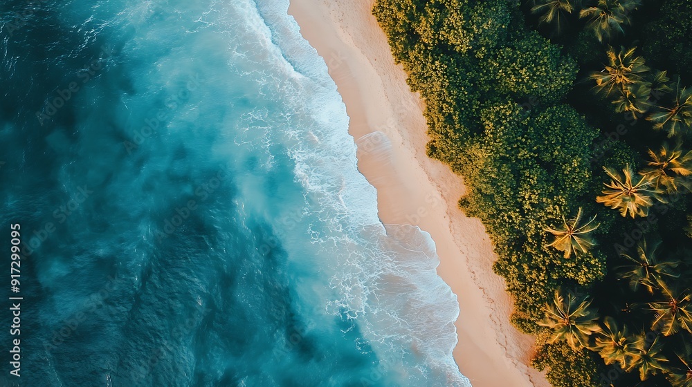 Wall mural Aerial View of a Tropical Beach with Foamy Waves and Palm Trees