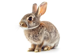 Fototapeta premium A cute rabbit sitting calmly against a white background, showcasing its soft fur and attentive posture