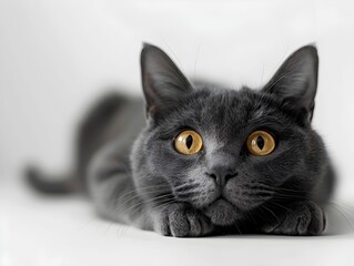 Grey cat with striking yellow eyes lounging on a white surface in a calm indoor setting