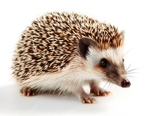 A hedgehog exploring a white surface in a studio setting during daylight hours