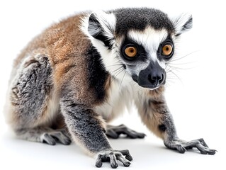 Fototapeta premium A close-up of a lemur sitting on the ground in a natural environment, showcasing its unique facial features and fur patterns during daylight