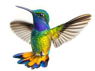 Colorful hummingbird hovering in mid-air against a white background