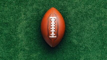 Close-up of a football resting on a vibrant green field, perfect for sports-themed projects and promotional materials.